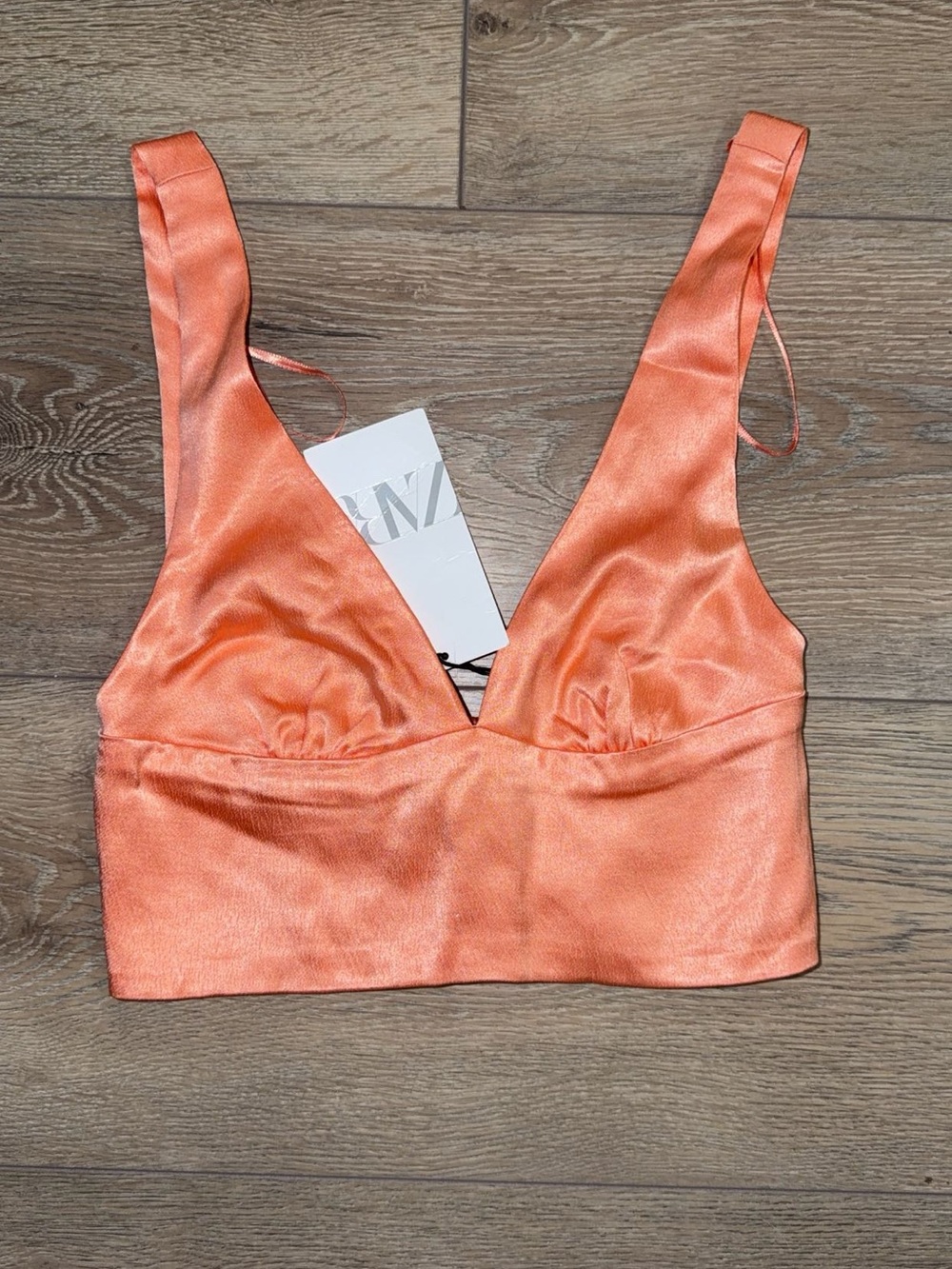 Zara NWT Orange Satin Plunge Crop Top XS
